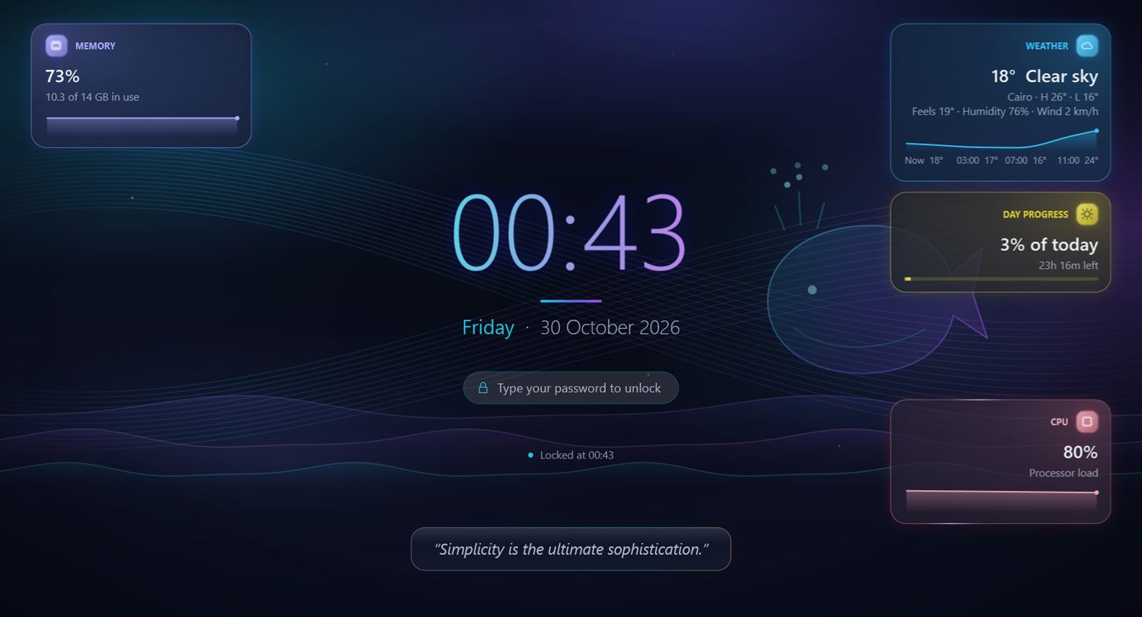 MoLock lock screen, Signature theme: a large clock, colourful widgets and the brand whale