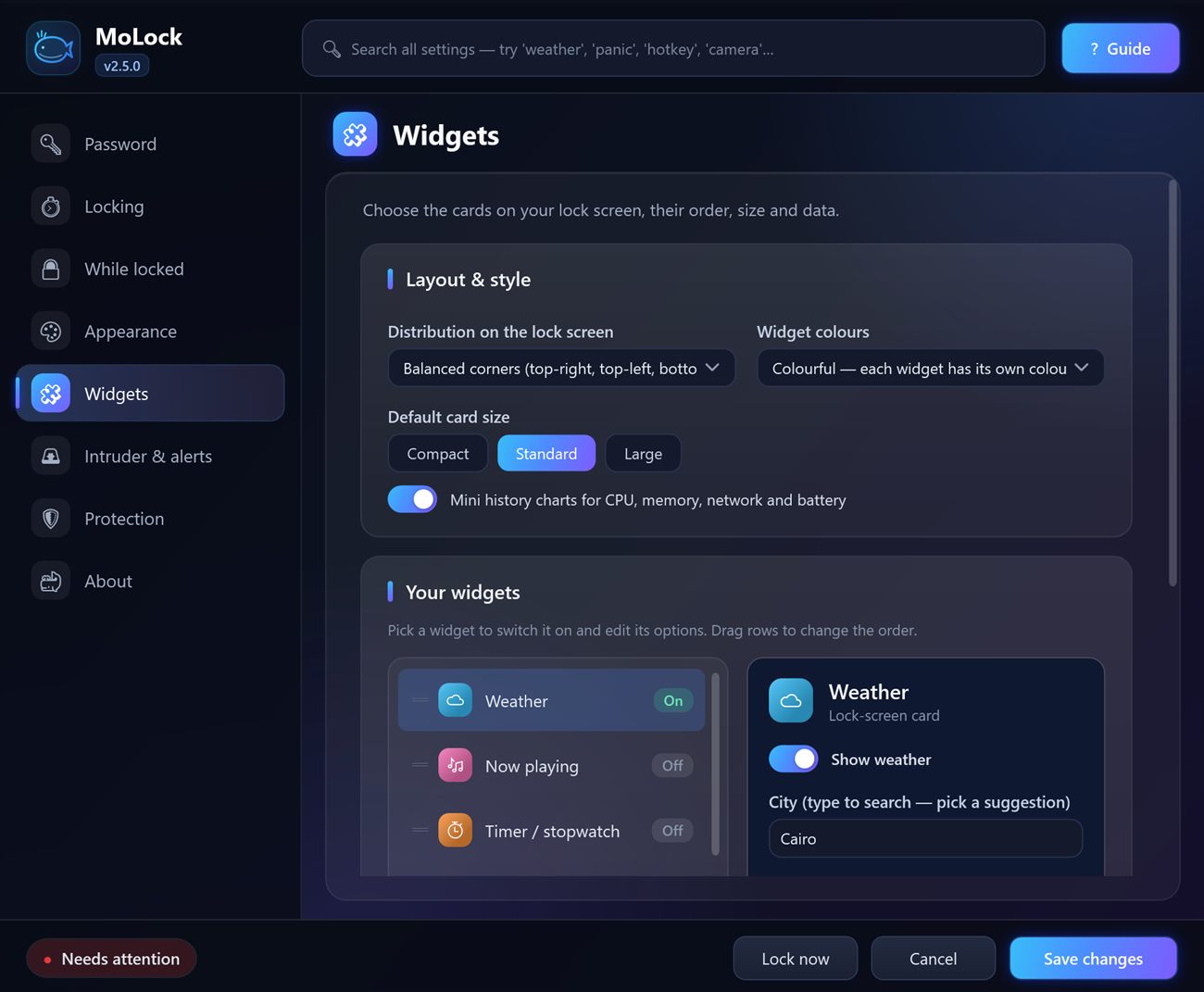 The widgets page in MoLock settings
